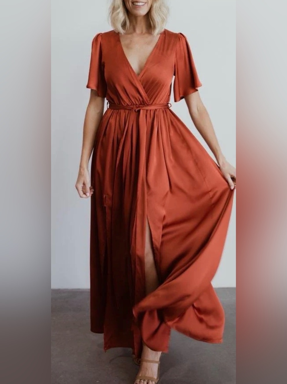 Baltic Born Sicily Satin Rust Wrap Maxi Dress with V-Neck & Front Slit